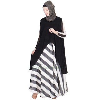 Abaya- Black and White strip long gown with black shrug