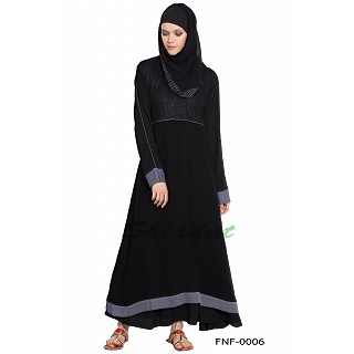 A-line double layered abaya with grey color border on sleeves and bottom- black