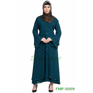 Layered designer abaya with pearlwork- Teal Green