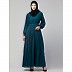 Designer pleated abaya with pearl work belts -Teal