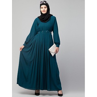 Designer pleated abaya with pearl work belts -Teal