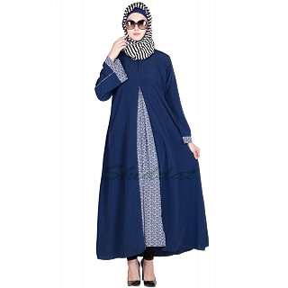 Classic blue Abaya with printed panel
