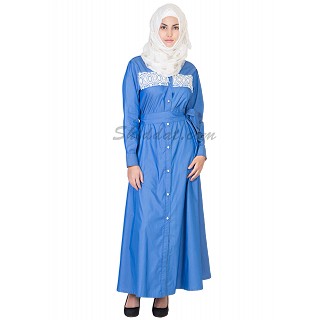 Elegant Royal Blue Denim Coat Style  Abaya with Belt