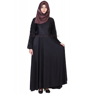 Elegant Black colored Lace Umbrella sleeves Abaya