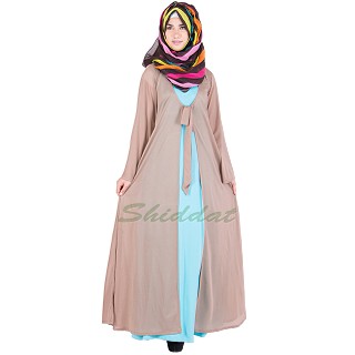 Classic Kimono Abaya - Sky blue and Dark beige