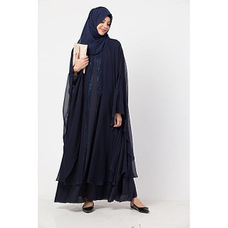 Double layered Bridal abaya with stonework- Navy Blue