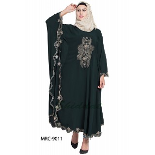 Embroidered Irani style Kaftan abaya- Bottle Green