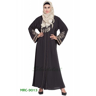 Front open abaya with embroidery- Charcol grey