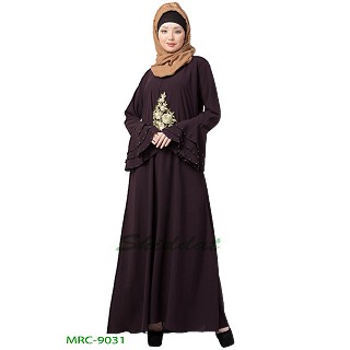 A-line Embroidered abaya with bell sleeves- Wine