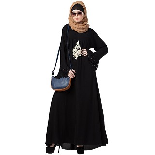 A-line Embroidered abaya with bell sleeves- Black