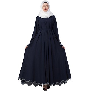 Embroidery abaya with Designer border at bottom- Navy Blue