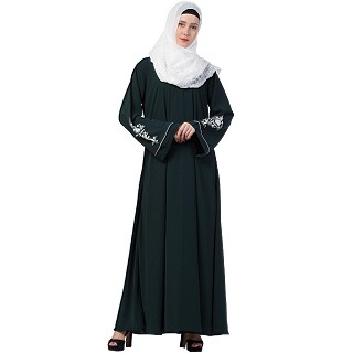 A-line Abaya with Embroidery work on sleeves- Bottle Green