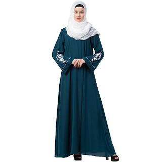 A-line Abaya with Embroidery work on Sleeves- Midnight Blue