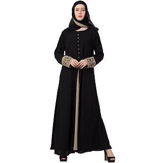 Layered Abaya with Embroidery work on Sleeves- Black-Beige