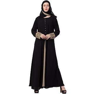 Double Layered Abaya with Embroidery work on Sleeves- Black-Beige