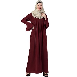 Designer pleated abaya with bell sleeves- Maroon