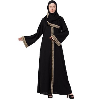 Front open embroidery abaya- Black-Beige