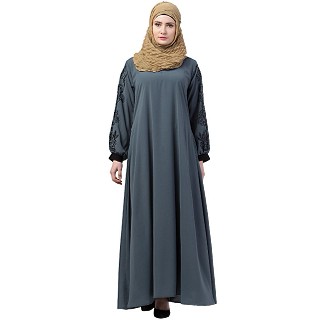 A-line abaya with embroidery work on sleeves- Grey