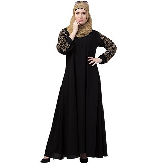 A-line abaya with embroidery work on sleeves- Black