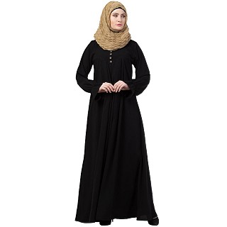 Pintuck abaya with V shape neck-Black