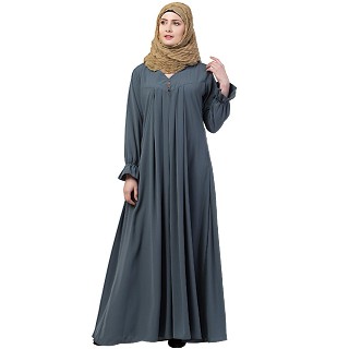 Pintuck abaya with V shape neck-Grey