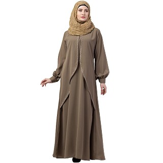 Designer double layered abaya with cuff sleeves- Beige