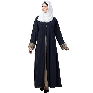 Double layered abaya with embroidery work on sleeves- Navy blue-Beige