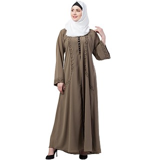 Double layered abaya with embroidery work-Beige-black