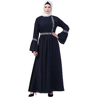 Embroidered Pintuck abaya- Navy Blue