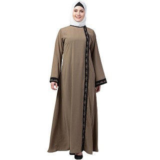 Front open abaya with embroidery work- Beige-black