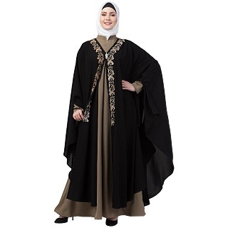 Double layered Irani Kaftan abaya- Black-beige