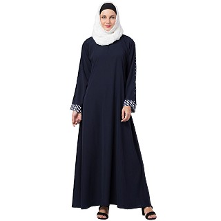 Casual A-line abaya with piping work- Navy Blue