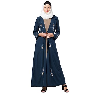 Embroidery abaya in double layers- Firozi-Beige