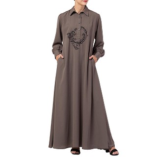 Collared abaya with embroidery- Beige