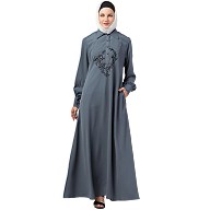Collared abaya with embroidery- Grey Collared abaya with embroidery- Grey