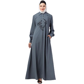 Collared abaya with embroidery- Grey