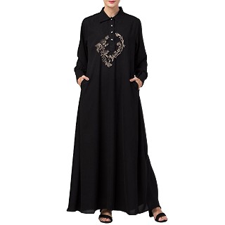 Collared abaya with embroidery- Black