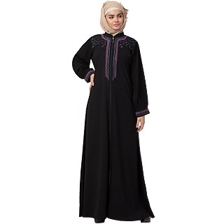 Zipper abaya with embroidery work- Black