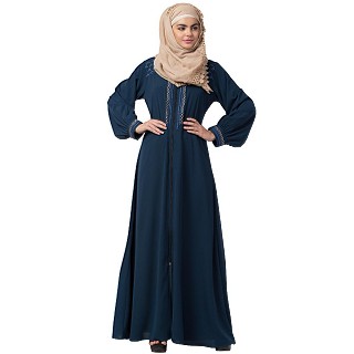 Zipper abaya with embroidery work- Firozi