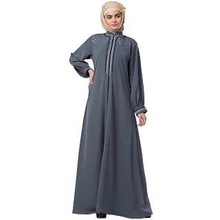 Zipper abaya with embroidery work- Grey