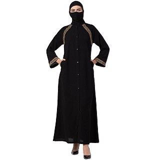 Front open abaya with lacework- Black