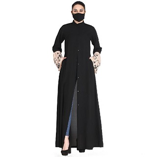 Front open abaya with embroidered bell sleeves- Black