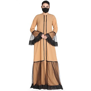 Designer front open abaya with matching Hijab- Sand