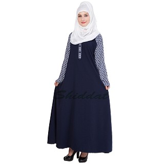 A beautiful simple abaya with printed sleeves- Navy blue