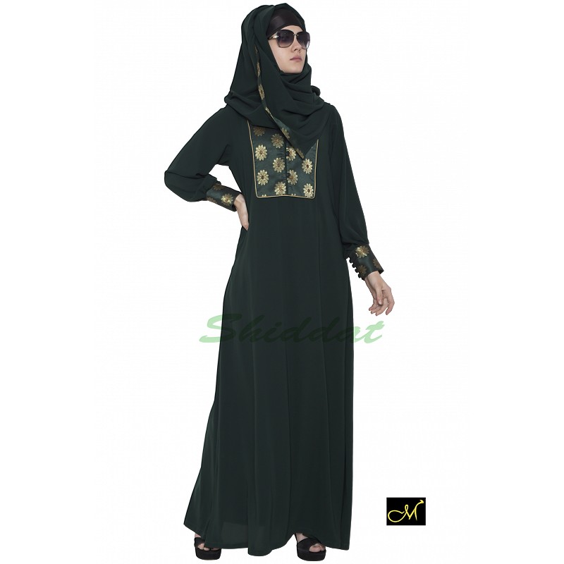 Dark Green colored abaya with printed cuff sleeves online 