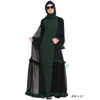 Double layer abaya with frills-  Black-Green