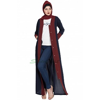 Long Cardigan abaya- Blue-Maroon