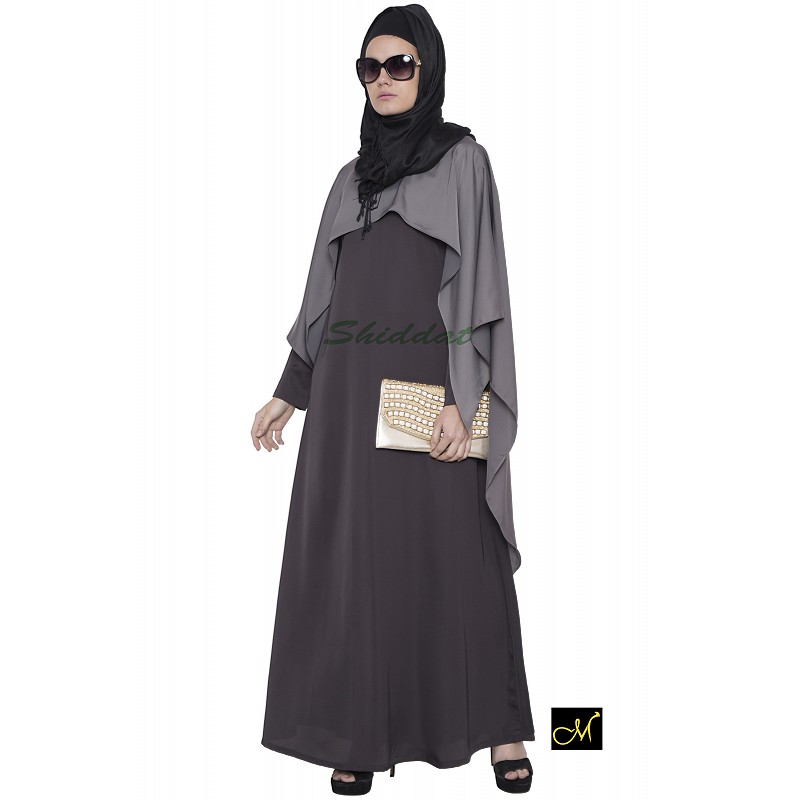 Cape abaya dress online in India- Dark grey on dark brown 