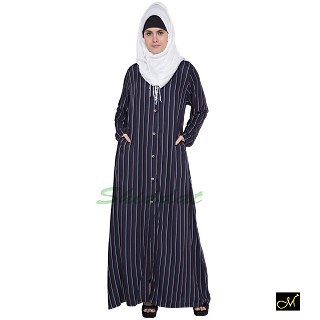 Front Open Strip Abaya- Navy Blue