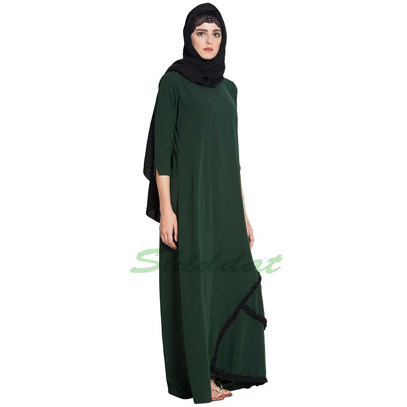 Abaya online- Shop for dark green frilled abaya made from Nida Matt fab...
